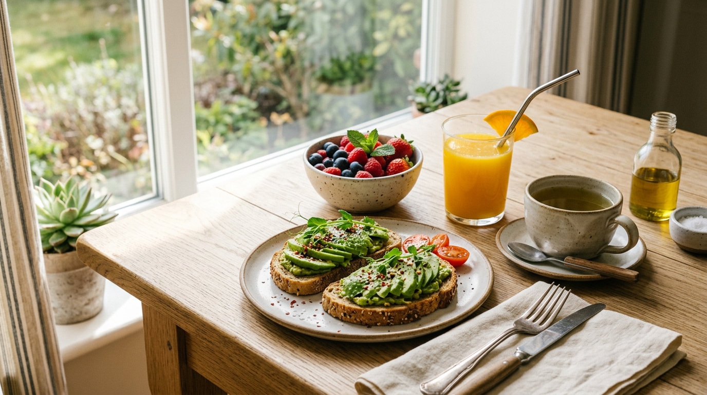Zdravá snídaně s ovocem a celozrnnými produkty na dřevěném stole