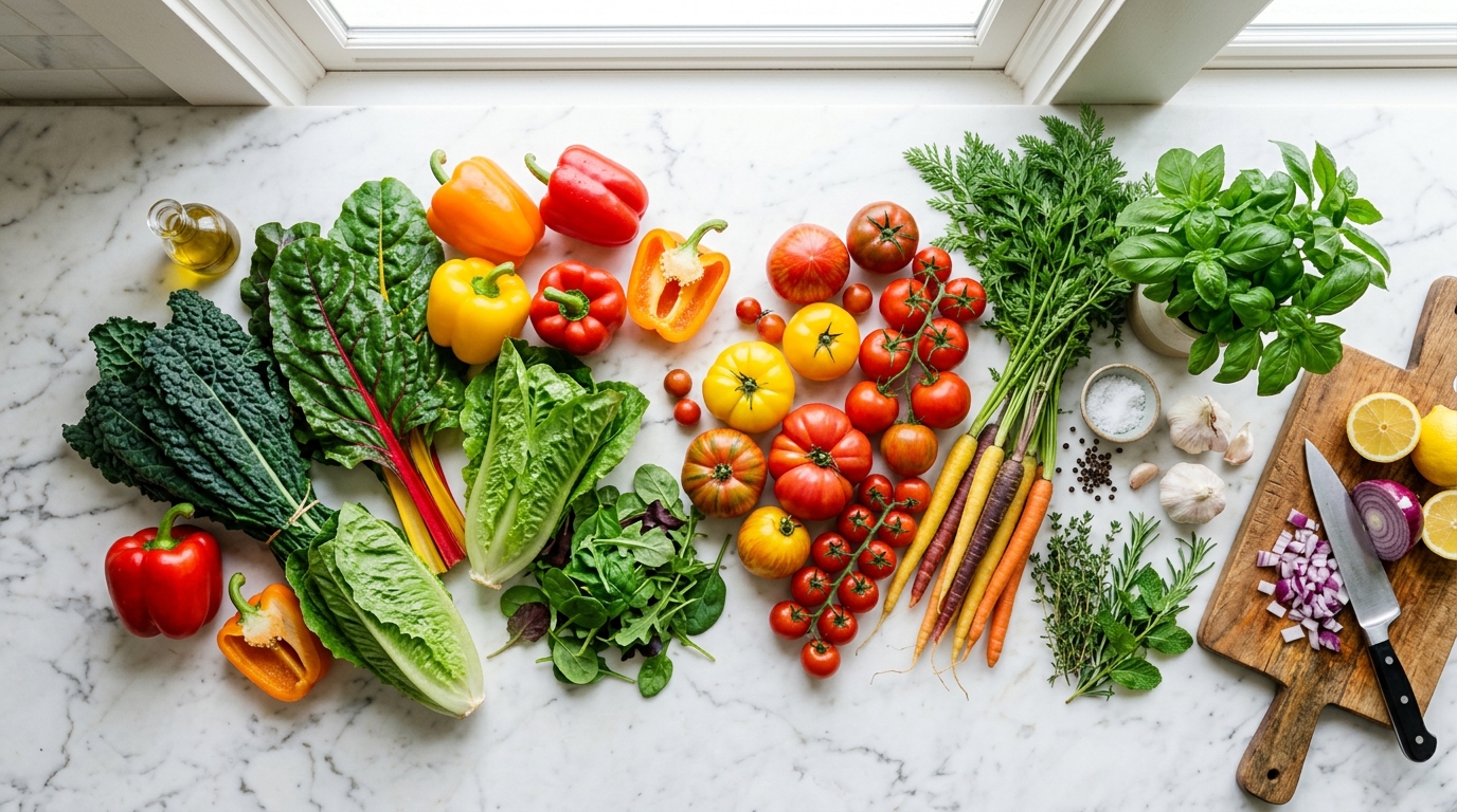Čerstvá zelenina a bylinky na kuchyňské lince
